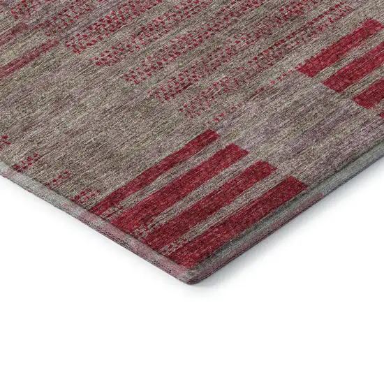 8' Burgundy And Gray Striped Washable Round Rug With UV Protection Photo 5