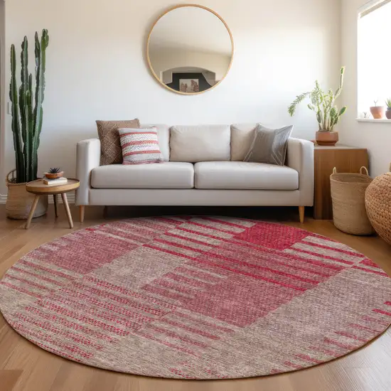 8' Burgundy And Gray Striped Washable Round Rug With UV Protection Photo 3