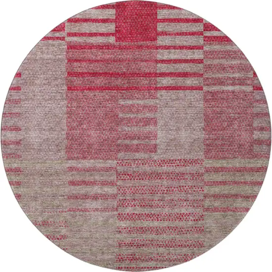 8' Burgundy And Gray Striped Washable Round Rug With UV Protection Photo 2