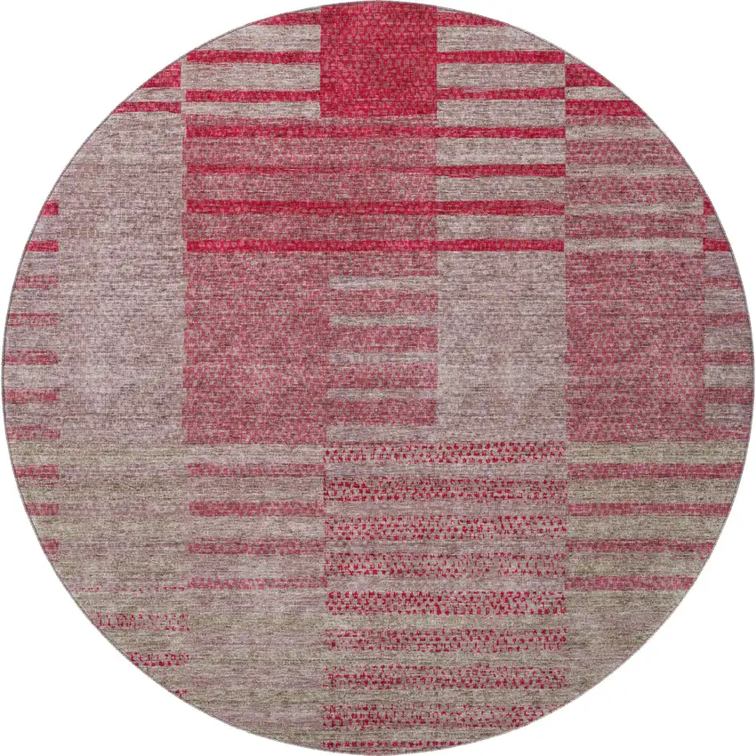 8' Burgundy And Gray Striped Washable Round Rug With UV Protection Photo 2
