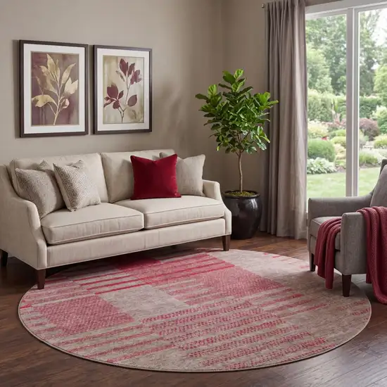 8' Burgundy And Gray Striped Washable Round Rug With UV Protection Photo 1