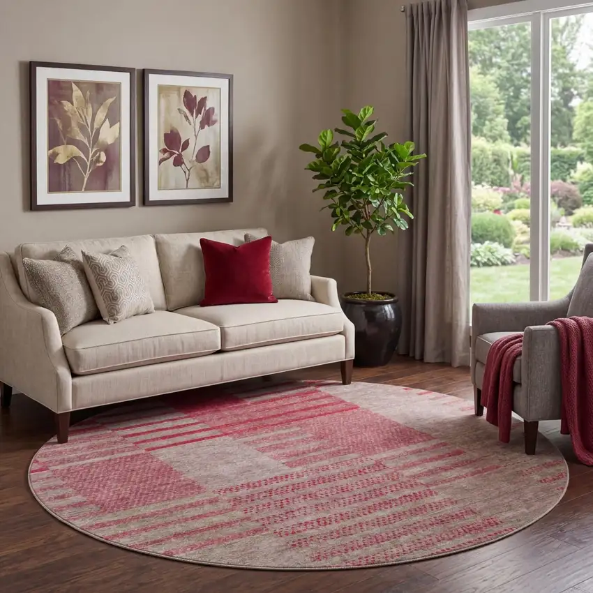 8' Burgundy And Gray Striped Washable Round Rug With UV Protection Photo 1