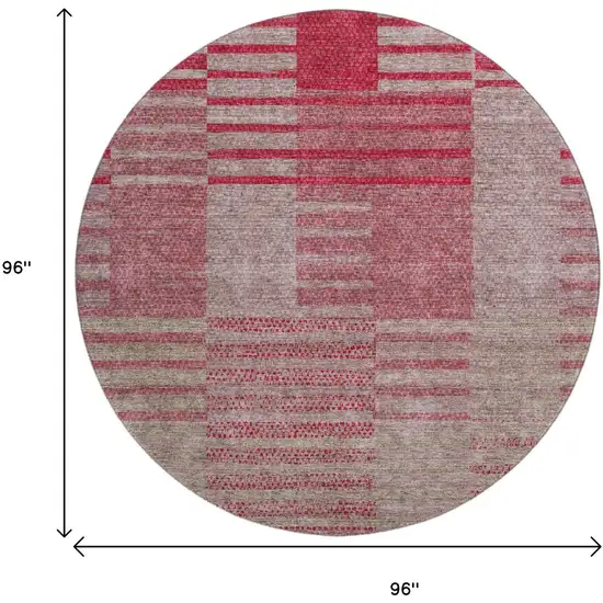 8' Burgundy And Gray Striped Washable Round Rug With UV Protection Photo 8