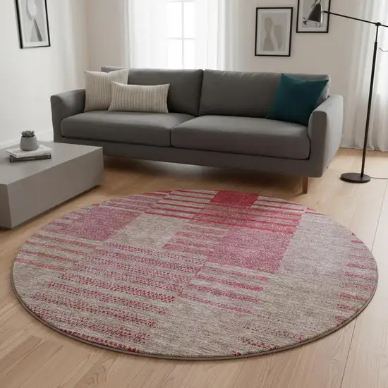 8' Burgundy And Gray Striped Washable Round Rug With UV Protection Photo 2