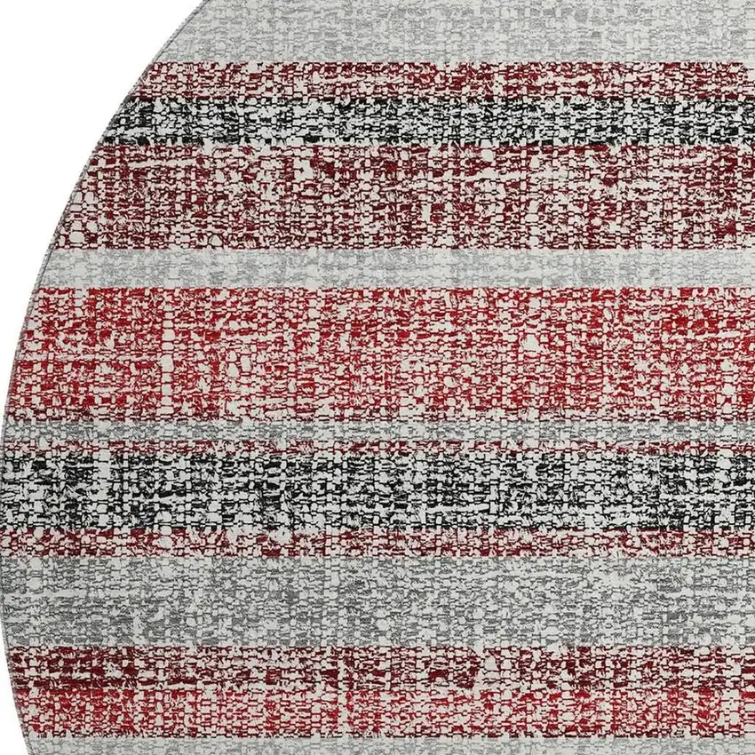 8' Burgundy And Gray Striped Washable Round Rug With UV Protection Photo 4