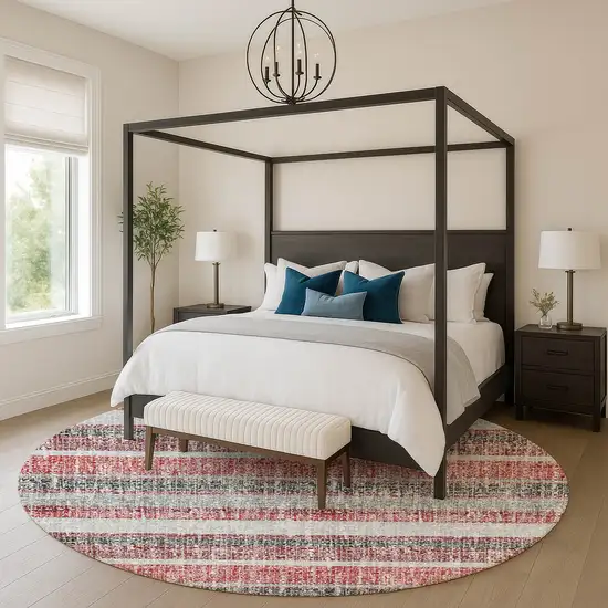 8' Burgundy And Gray Striped Washable Round Rug With UV Protection Photo 5