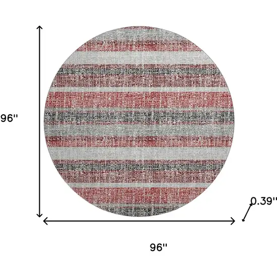 8' Burgundy And Gray Striped Washable Round Rug With UV Protection Photo 8
