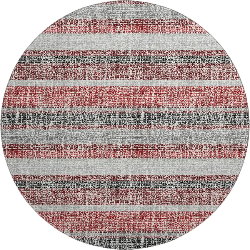 8' Burgundy And Gray Striped Washable Round Rug With UV Protection Photo 1