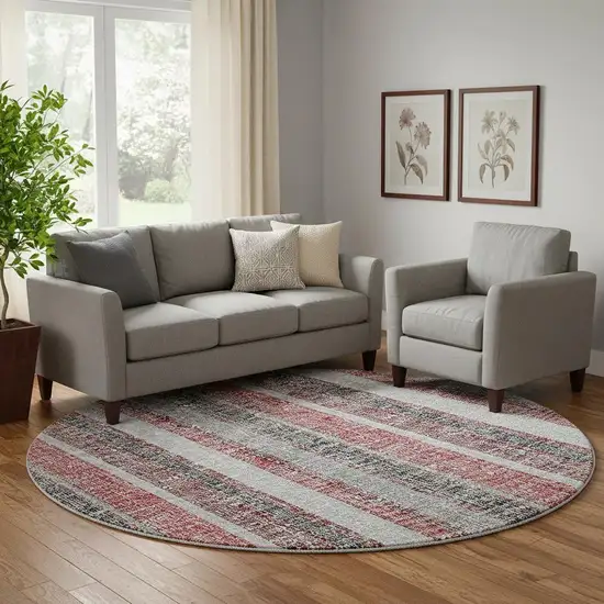 8' Burgundy And Gray Striped Washable Round Rug With UV Protection Photo 2