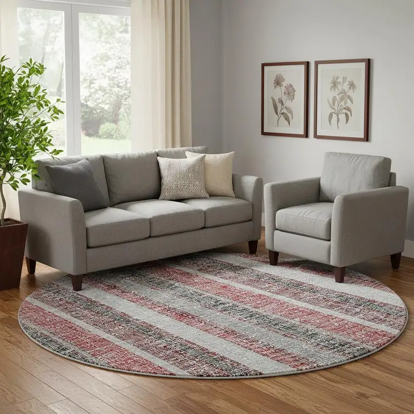 8' Burgundy And Gray Striped Washable Round Rug With UV Protection Photo 2