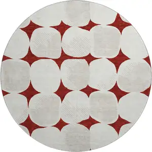 Photo of 8' Burgundy And Ivory Abstract Geometric Washable Round Rug With UV Protection
