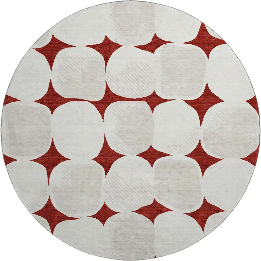 8' Burgundy And Ivory Abstract Geometric Washable Round Rug With UV Protection Photo 1
