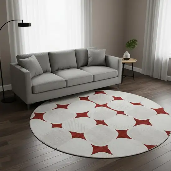 8' Burgundy And Ivory Abstract Geometric Washable Round Rug With UV Protection Photo 2