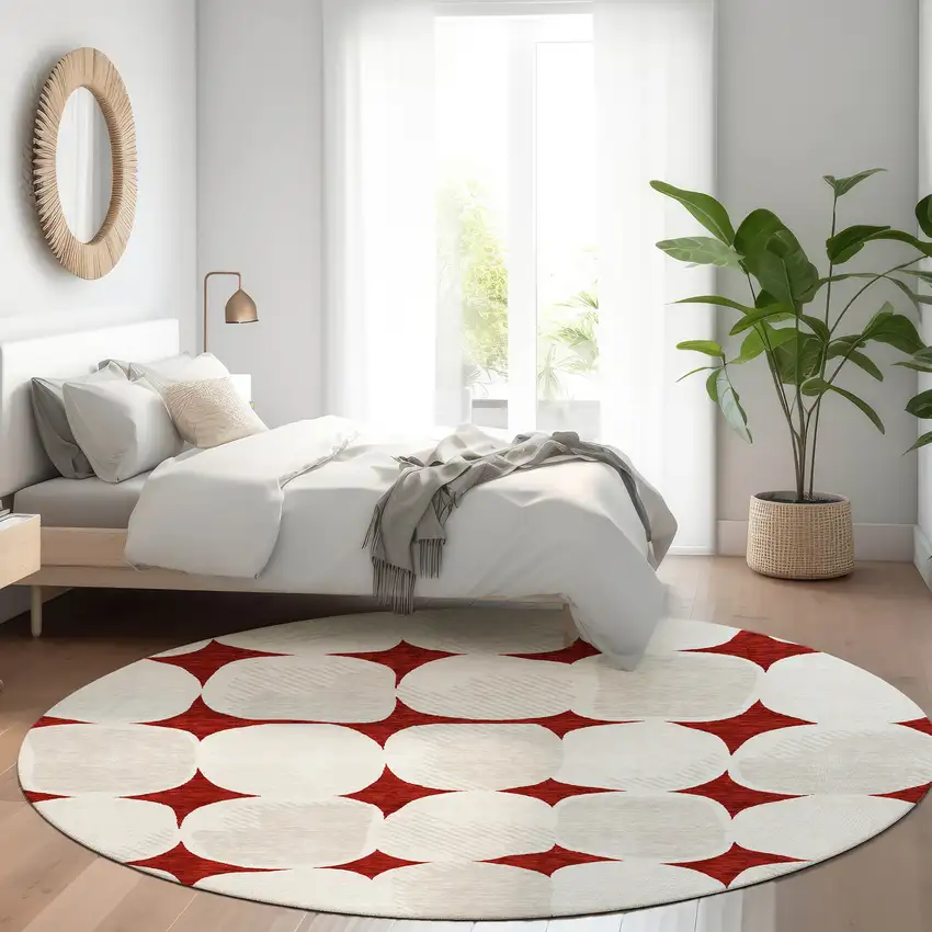8' Burgundy And Ivory Abstract Geometric Washable Round Rug With UV Protection Photo 5