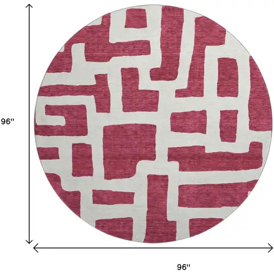 8' Burgundy And Ivory Abstract Geometric Washable Round Rug With UV Protection Photo 3