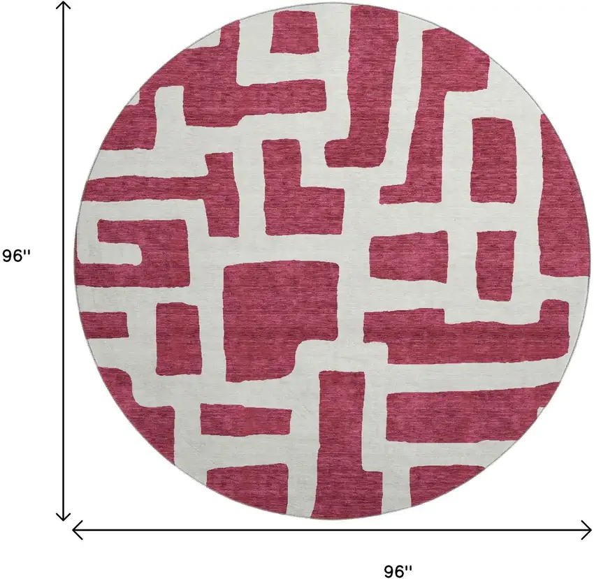 8' Burgundy And Ivory Abstract Geometric Washable Round Rug With UV Protection Photo 3