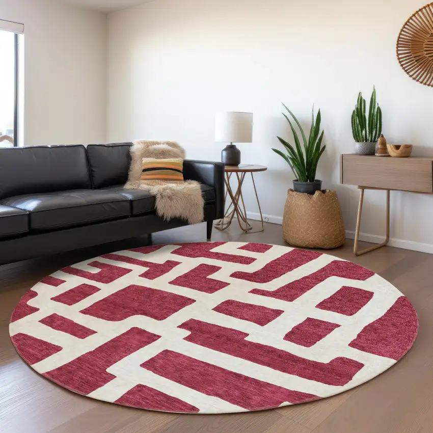 8' Burgundy And Ivory Abstract Geometric Washable Round Rug With UV Protection Photo 5