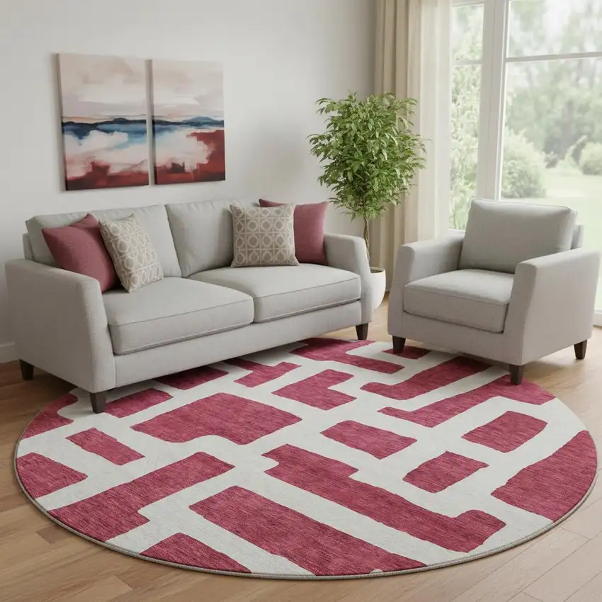 8' Burgundy And Ivory Abstract Geometric Washable Round Rug With UV Protection Photo 1