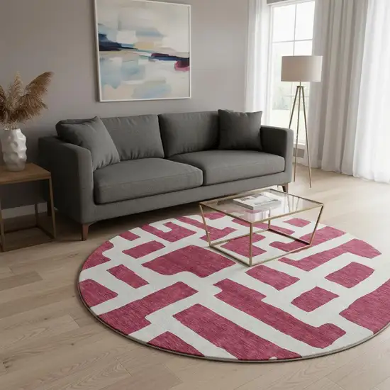 8' Burgundy And Ivory Abstract Geometric Washable Round Rug With UV Protection Photo 2