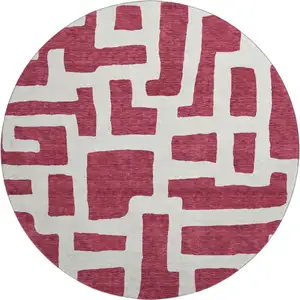 Photo of 8' Burgundy And Ivory Abstract Geometric Washable Round Rug With UV Protection