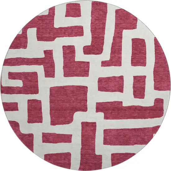 8' Burgundy And Ivory Abstract Geometric Washable Round Rug With UV Protection Photo 1