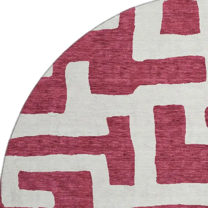 8' Burgundy And Ivory Abstract Geometric Washable Round Rug With UV Protection Photo 4