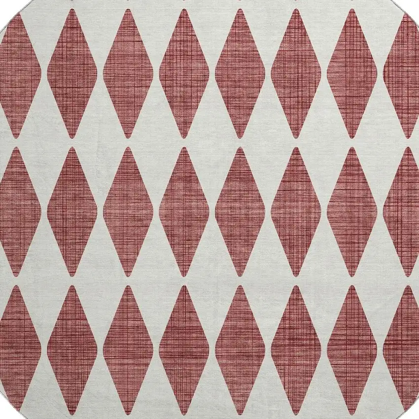 8' Burgundy And Ivory Diamond Washable Round Rug With UV Protection Photo 2