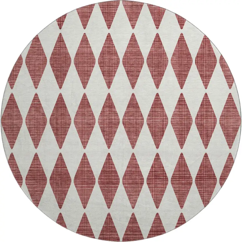 8' Burgundy And Ivory Diamond Washable Round Rug With UV Protection Photo 1