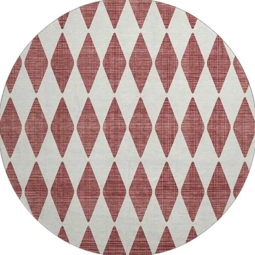 8' Burgundy And Ivory Diamond Washable Round Rug With UV Protection Photo 3
