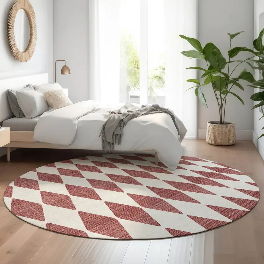 8' Burgundy And Ivory Diamond Washable Round Rug With UV Protection Photo 4