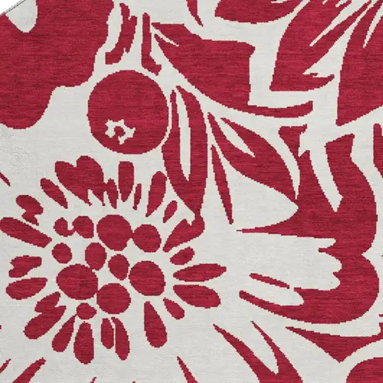 8' Burgundy And Ivory Floral Washable Round Rug With UV Protection Photo 3