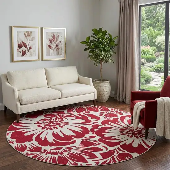 8' Burgundy And Ivory Floral Washable Round Rug With UV Protection Photo 1