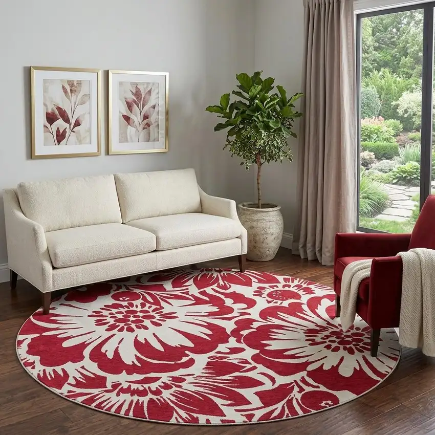 8' Burgundy And Ivory Floral Washable Round Rug With UV Protection Photo 1