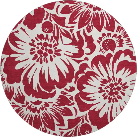 8' Burgundy And Ivory Floral Washable Round Rug With UV Protection Photo 1