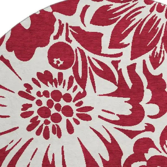 8' Burgundy And Ivory Floral Washable Round Rug With UV Protection Photo 5