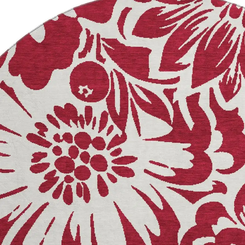 8' Burgundy And Ivory Floral Washable Round Rug With UV Protection Photo 5