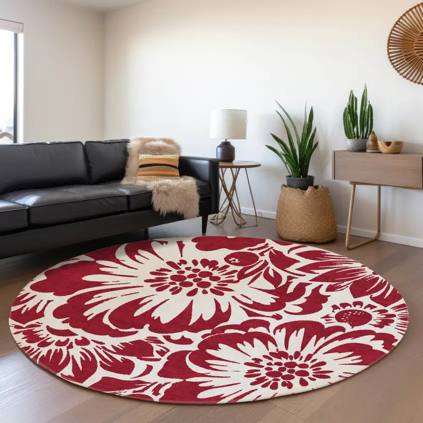 8' Burgundy And Ivory Floral Washable Round Rug With UV Protection Photo 5