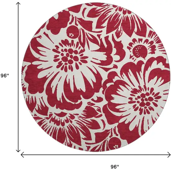 8' Burgundy And Ivory Floral Washable Round Rug With UV Protection Photo 3