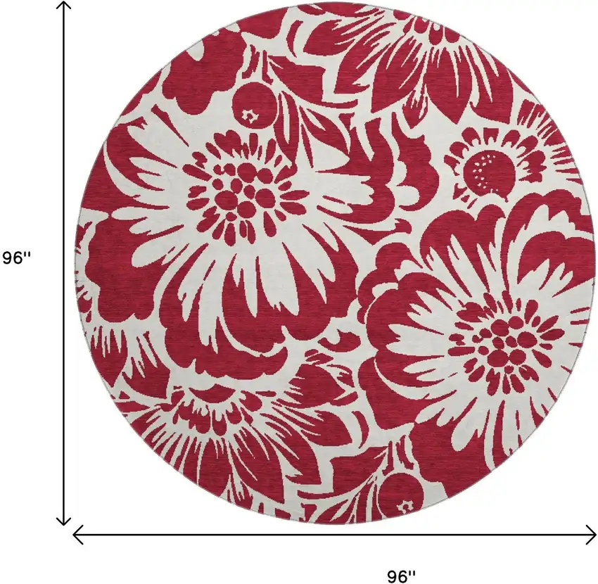 8' Burgundy And Ivory Floral Washable Round Rug With UV Protection Photo 3