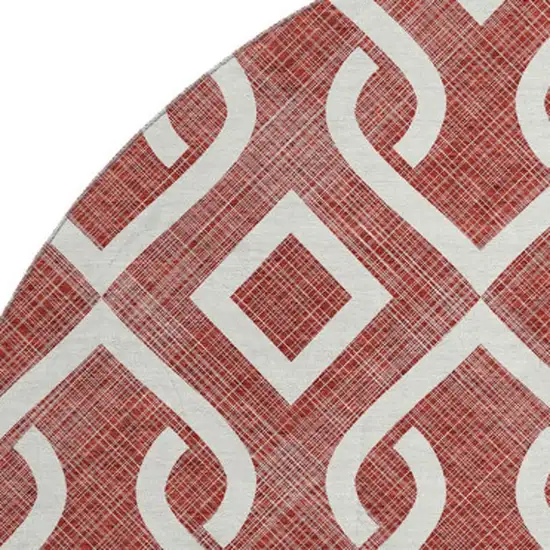 8' Burgundy And Ivory Geometric Washable Round Rug With UV Protection Photo 2