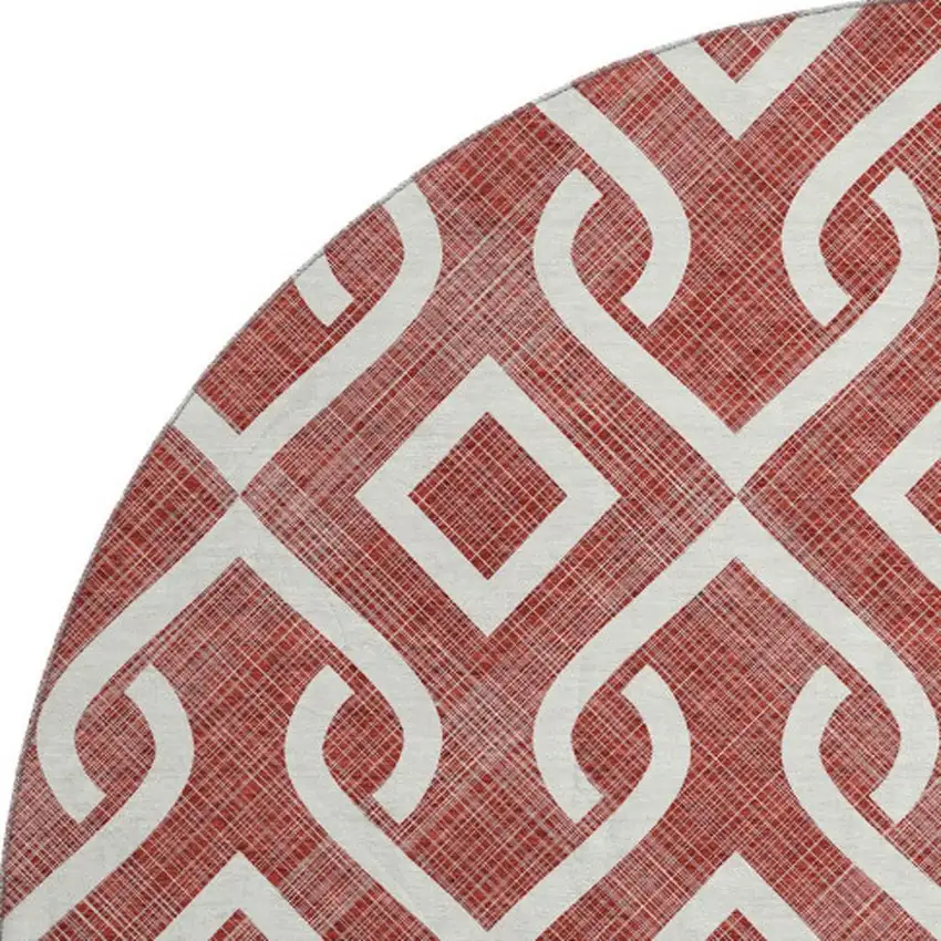 8' Burgundy And Ivory Geometric Washable Round Rug With UV Protection Photo 3