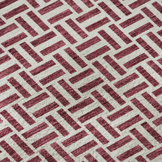 8' Burgundy And Ivory Geometric Washable Round Rug With UV Protection Photo 9