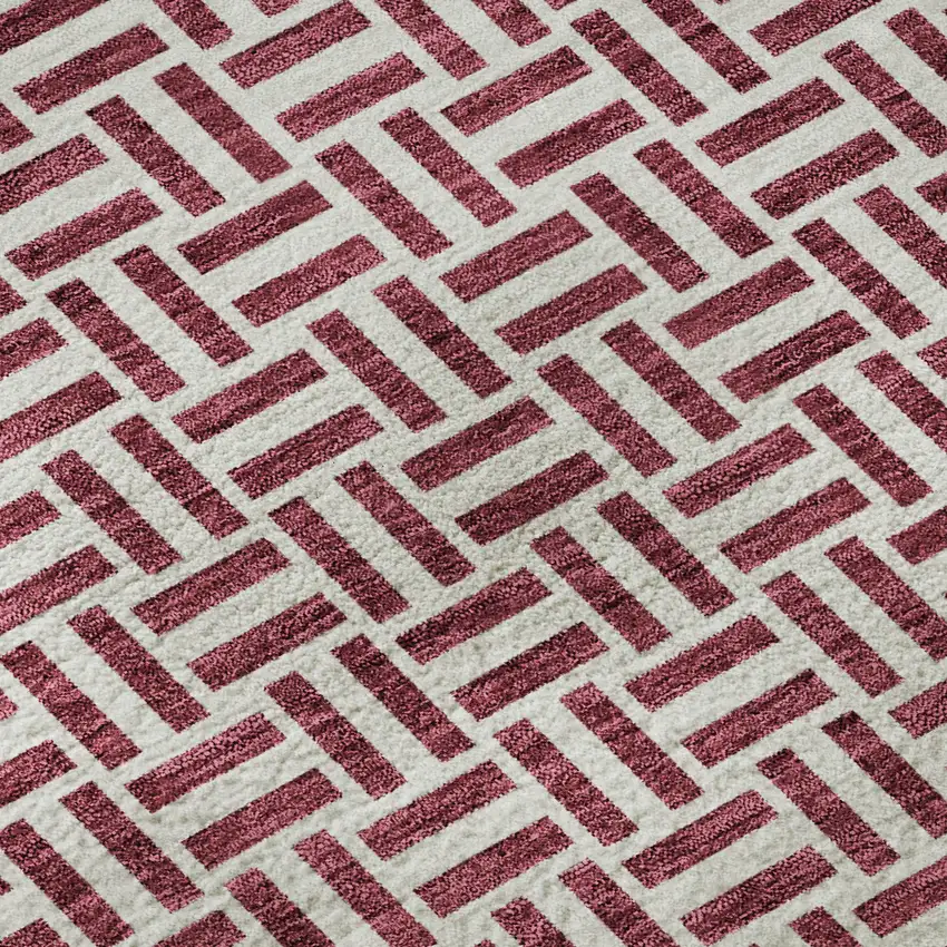 8' Burgundy And Ivory Geometric Washable Round Rug With UV Protection Photo 9