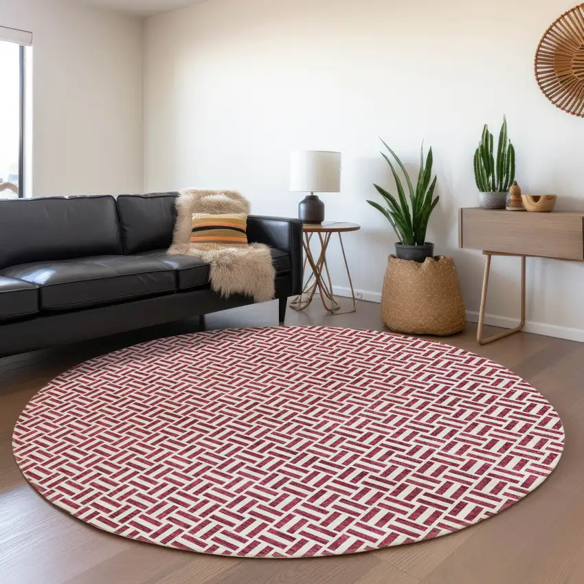 8' Burgundy And Ivory Geometric Washable Round Rug With UV Protection Photo 5