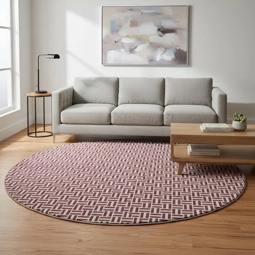 8' Burgundy And Ivory Geometric Washable Round Rug With UV Protection Photo 2