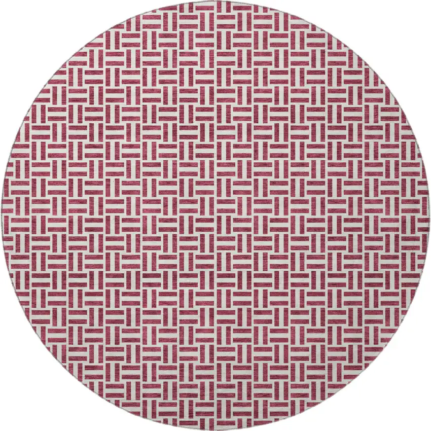 8' Burgundy And Ivory Geometric Washable Round Rug With UV Protection Photo 4