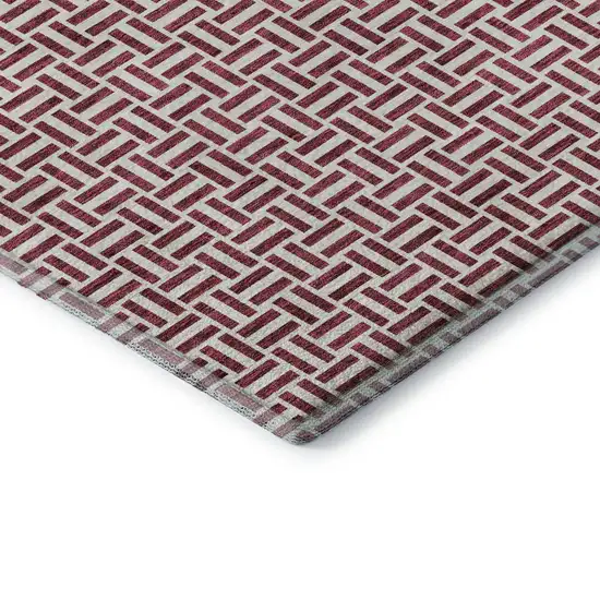 8' Burgundy And Ivory Geometric Washable Round Rug With UV Protection Photo 7