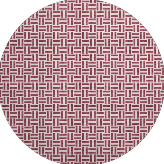 8' Burgundy And Ivory Geometric Washable Round Rug With UV Protection Photo 3