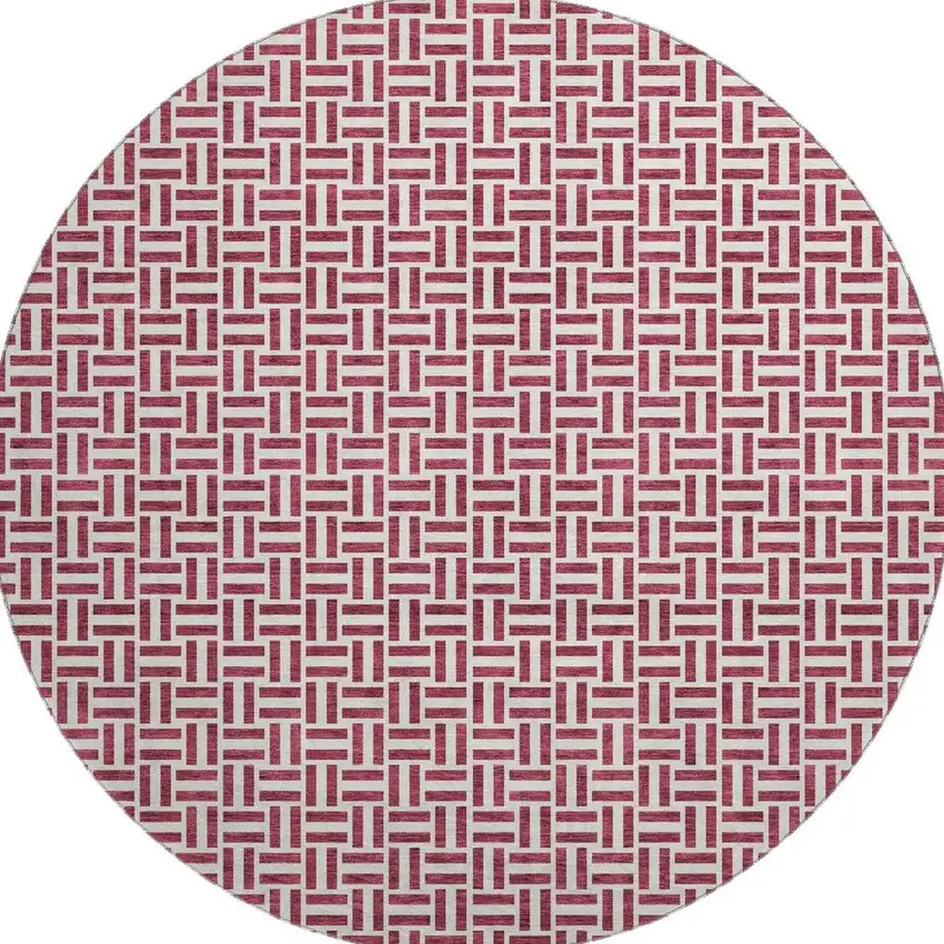 8' Burgundy And Ivory Geometric Washable Round Rug With UV Protection Photo 3