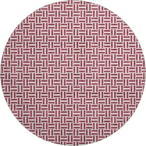 Photo of 8' Burgundy And Ivory Geometric Washable Round Rug With UV Protection